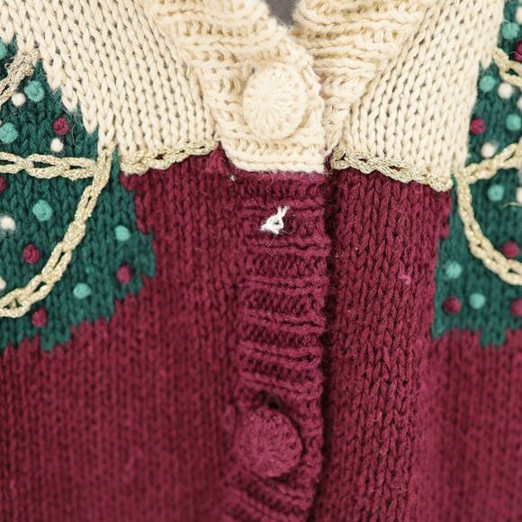Talbots Sweater Womens Medium Ivory Burgundy Holiday Cardigan Hand Knit Vintage - Picture 10 of 14